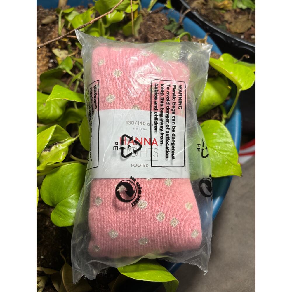 NWT Hanna Andersson Footed Tights Pink w/ Sparkly Polka Dots Size 130-140 US 10